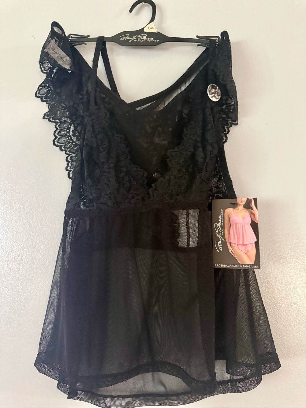 MARILYN MONROE INTIMATES Black Lace Racerback Cami Babydoll Tanga Set - Size L/G